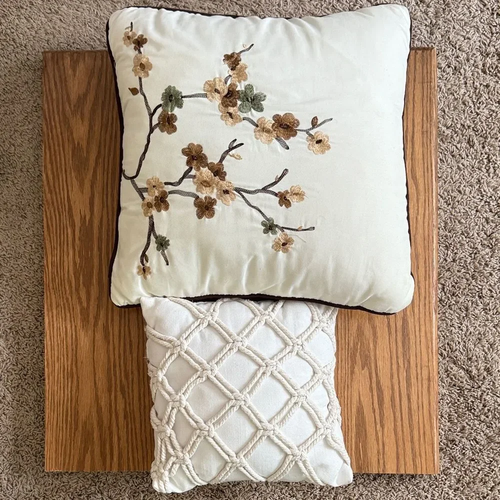 Decorative Cream embroidered flowers Pillow set with small Knotted Design pillow